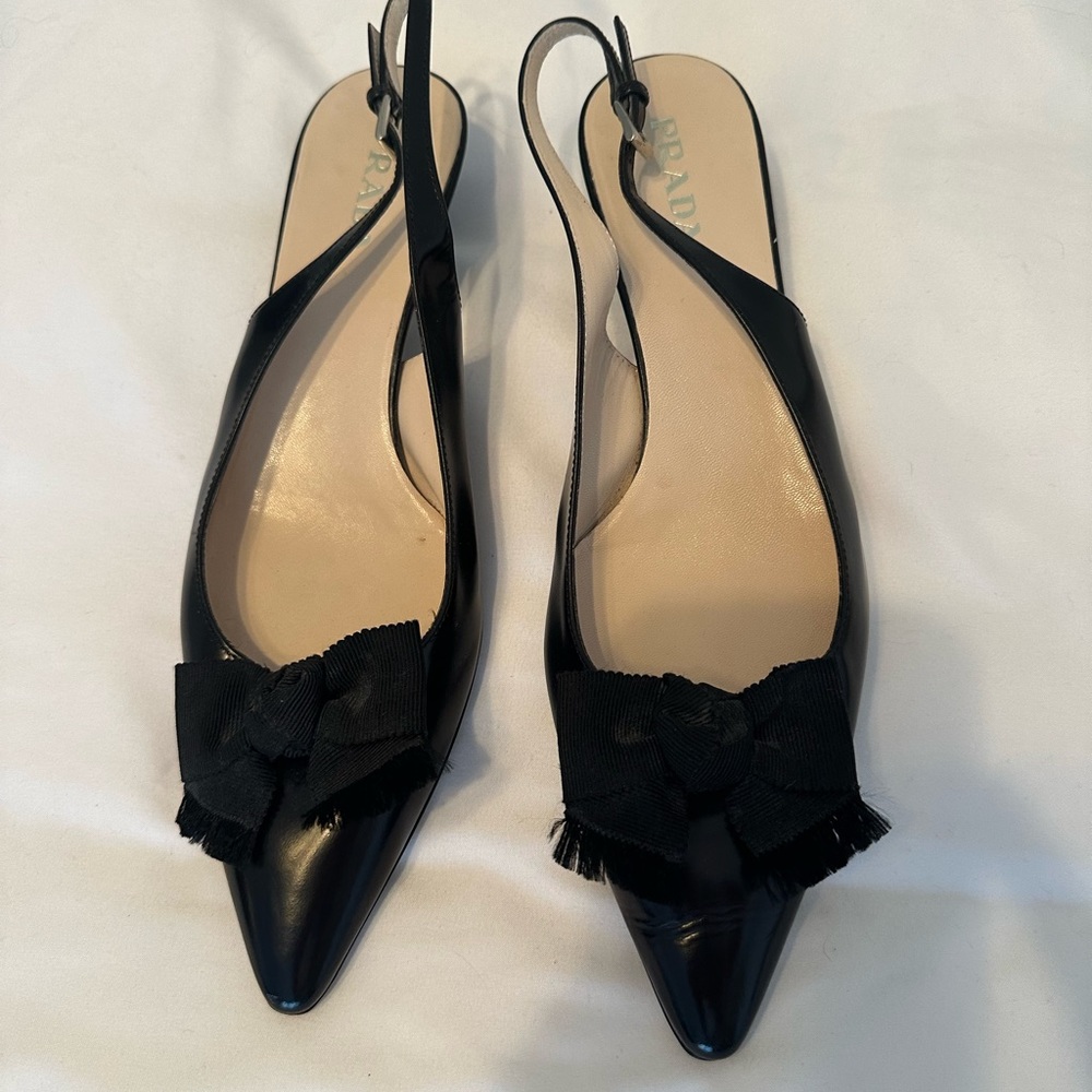 Prada kitten heel slingbacks black spazzolato leather grosgrain bow Sz 39